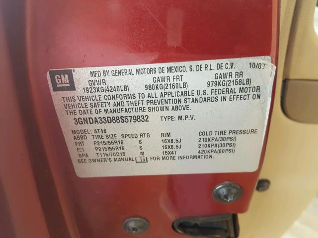 3GNDA33D88S579832 - 2008 CHEVROLET HHR LS წითელი ფოტო 10
