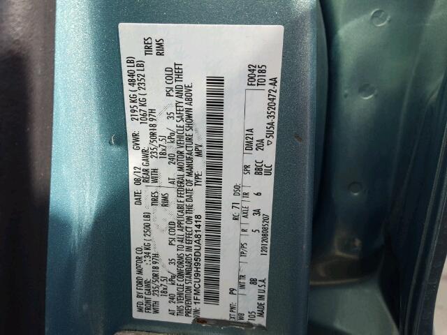 1FMCU9H95DUA81418 - 2013 FORD ESCAPE SEL BLUE photo 10