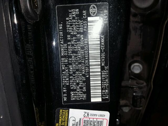 4T1BF32K46U635789 - 2006 TOYOTA CAMRY BLACK photo 10