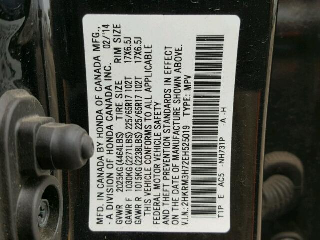 2HKRM3H72EH525019 - 2014 HONDA CR-V EXL BLACK photo 10