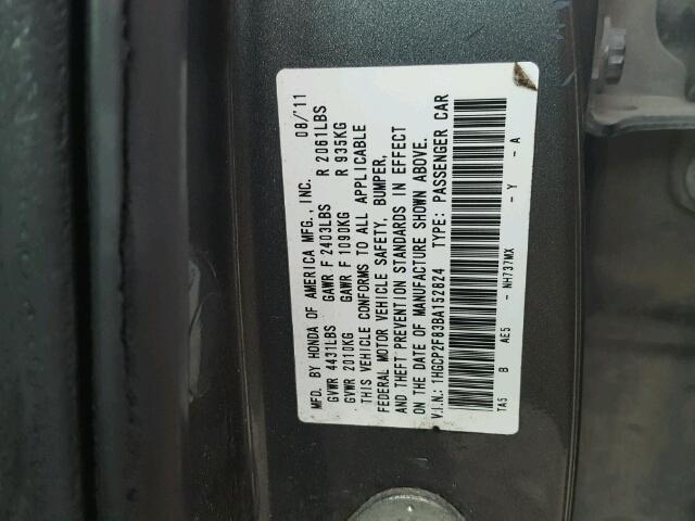 1HGCP2F83BA152824 - 2011 HONDA ACCORD GRAY photo 10