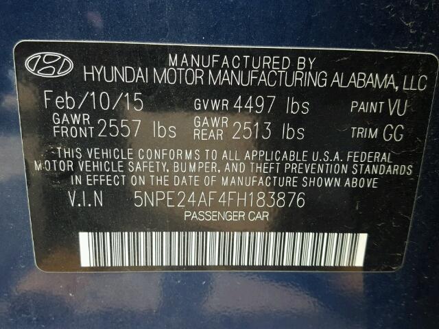 5NPE24AF4FH183876 - 2015 HYUNDAI SONATA SE BLUE photo 10