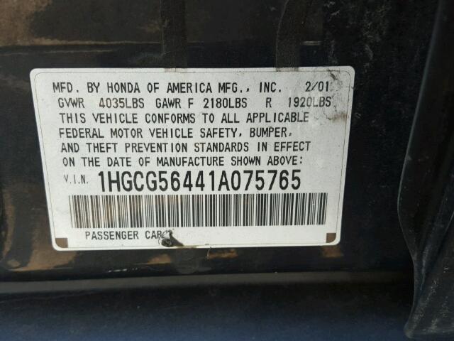 1HGCG56441A075765 - 2001 HONDA ACCORD BLACK photo 10