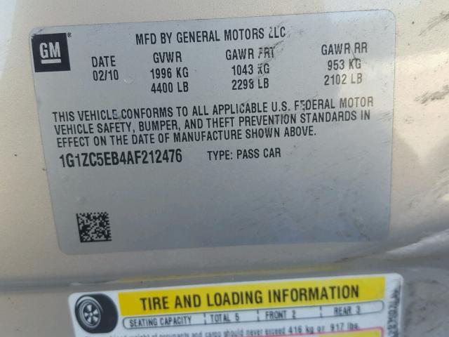 1G1ZC5EB4AF212476 - 2010 CHEVROLET MALIBU 1LT 金色 照片 10