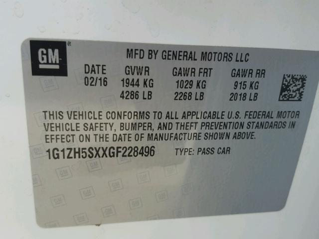 1G1ZH5SXXGF228496 - 2016 CHEVROLET MALIBU PRE 白色 照片 10