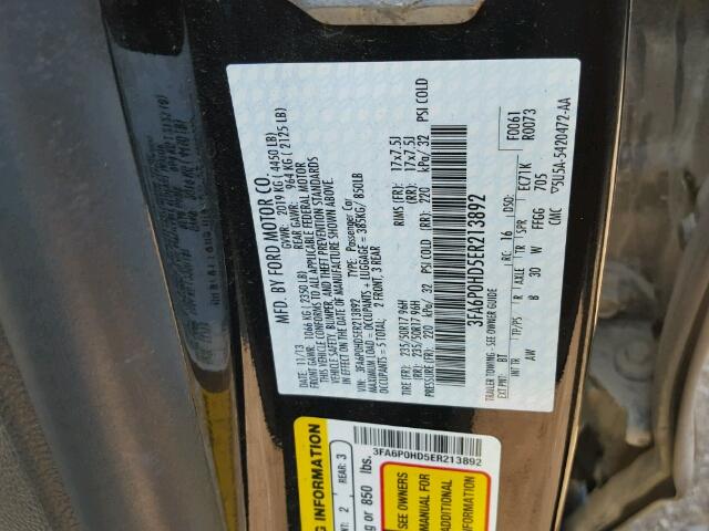 3FA6P0HD5ER213892 - 2014 FORD FUSION BLACK photo 10