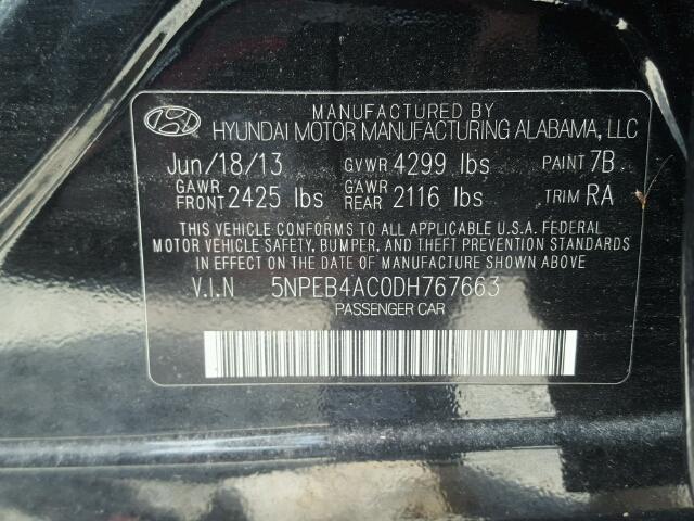 5NPEB4AC0DH767663 - 2013 HYUNDAI SONATA GLS BLACK photo 10