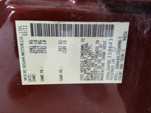 1N4AL2AP4BC158643 - 2011 NISSAN ALTIMA BAS BURGUNDY photo 10