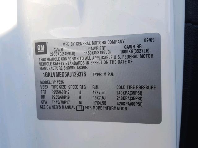 1GKLVMED6AJ129376 - 2010 GMC ACADIA SLT თეთრი ფოტო 10