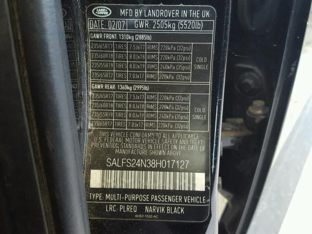 SALFS24N38H017127 - 2008 LAND ROVER LR2 SE TEC BLACK photo 10