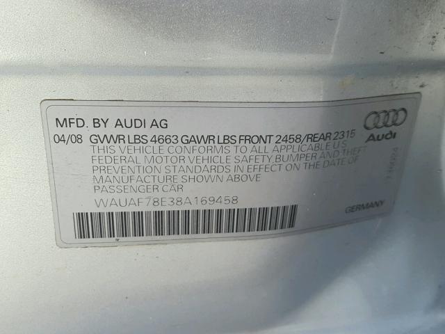 WAUAF78E38A169458 - 2008 AUDI A4 2.0T SILVER photo 10