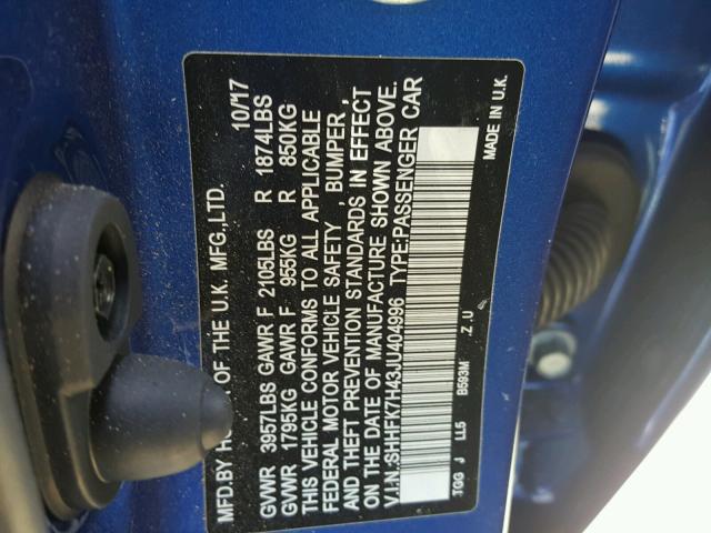 SHHFK7H43JU404996 - 2018 HONDA CIVIC SPOR BLUE photo 10