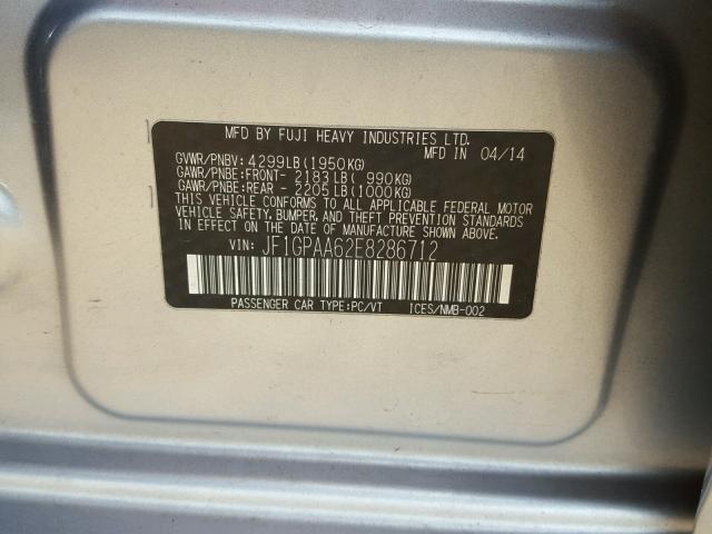 JF1GPAA62E8286712 - 2014 SUBARU IMPREZA BA SILVER photo 10