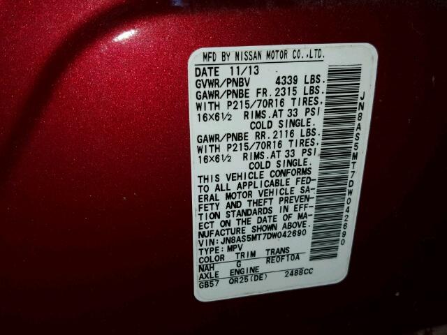 JN8AS5MT7DW042690 - 2013 NISSAN ROGUE S RED photo 10