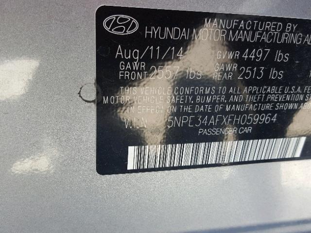 5NPE34AFXFH059964 - 2015 HYUNDAI SONATA SPO GRAY photo 10