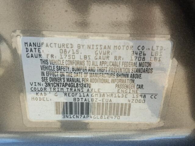 3N1CN7AP4GL812470 - 2016 NISSAN VERSA S GRAY photo 10