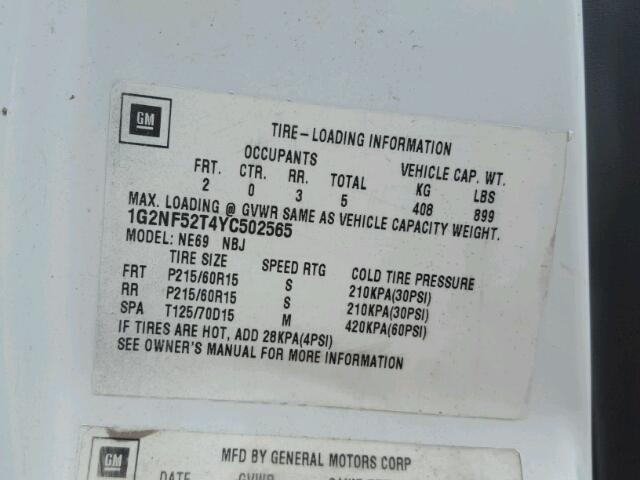 1G2NF52T4YC502565 - 2000 PONTIAC GRAND AM S Ağ foto 10