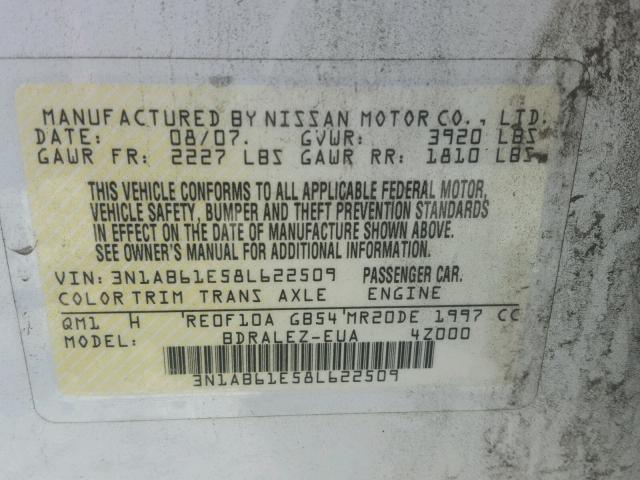 3N1AB61E58L622509 - 2008 NISSAN SENTRA 2.0 WHITE photo 10