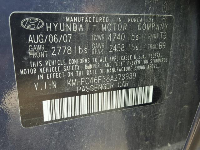 KMHFC46F38A273939 - 2008 HYUNDAI AZERA SE BLUE photo 10