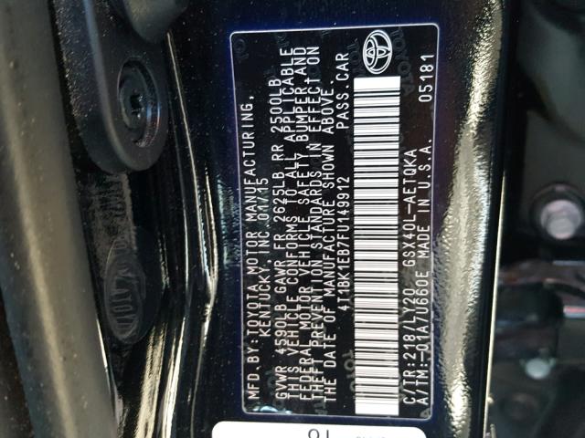 4T1BK1EB7FU149912 - 2015 TOYOTA AVALON XLE BLACK photo 10