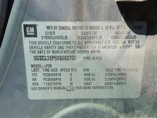 3GSCL33P68S682700 - 2008 SATURN VUE XE GRAY photo 10