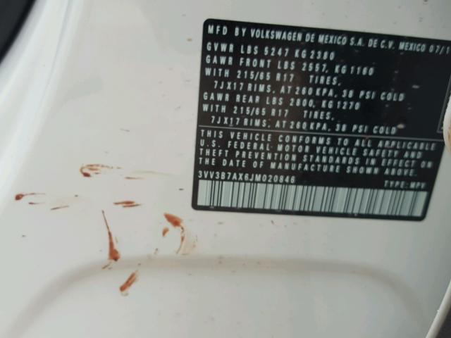 3VV3B7AX6JM020846 - 2018 VOLKSWAGEN TIGUAN SE Weiß Foto 10