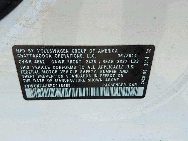 1VWCN7A35EC115485 - 2014 VOLKSWAGEN PASSAT WHITE photo 10