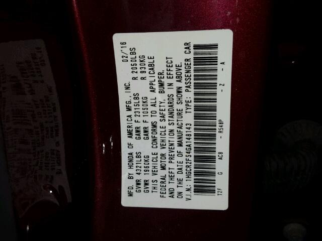 1HGCR2F54GA148143 - 2016 HONDA ACCORD SPO MAROON photo 10