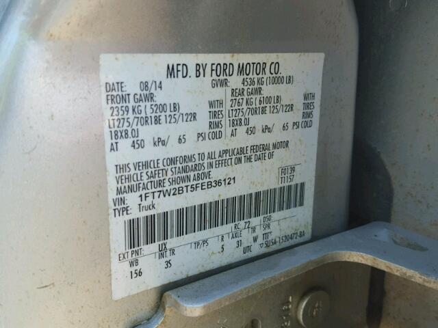 1FT7W2BT5FEB36121 - 2015 FORD F250 SUPER SILVER photo 10