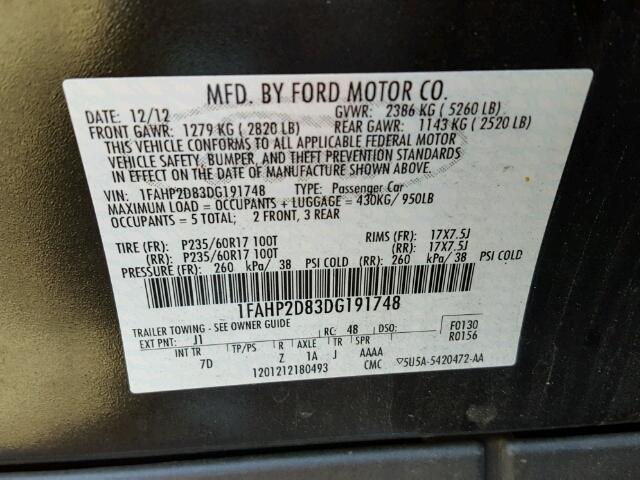 1FAHP2D83DG191748 - 2013 FORD TAURUS SE BLACK photo 10