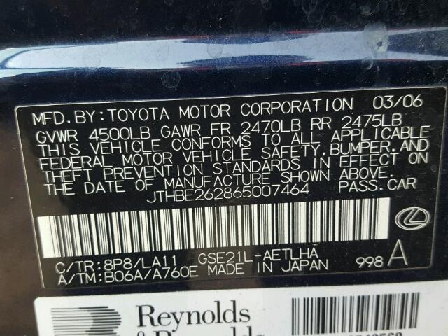 JTHBE262865007464 - 2006 LEXUS IS BLUE photo 10