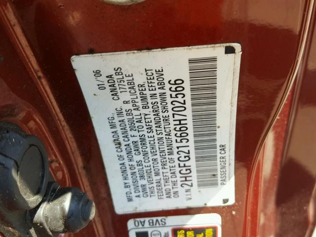 2HGFG21566H702566 - 2006 HONDA CIVIC SI RED photo 10