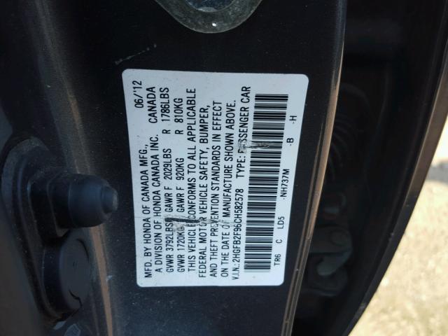 2HGFB2F96CH582578 - 2012 HONDA CIVIC EXL CHARCOAL photo 10