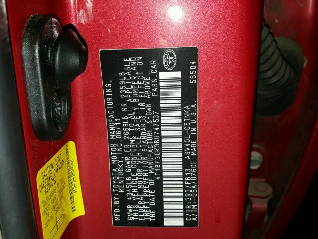 4T1BF3EK3BU747537 - 2011 TOYOTA CAMRY BASE MAROON photo 10