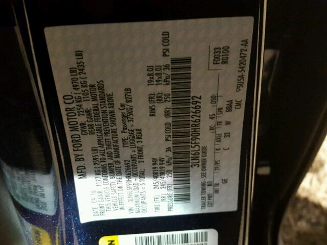 3LN6L5F90HR626692 - 2017 LINCOLN MKZ ლურჯი ფოტო 10