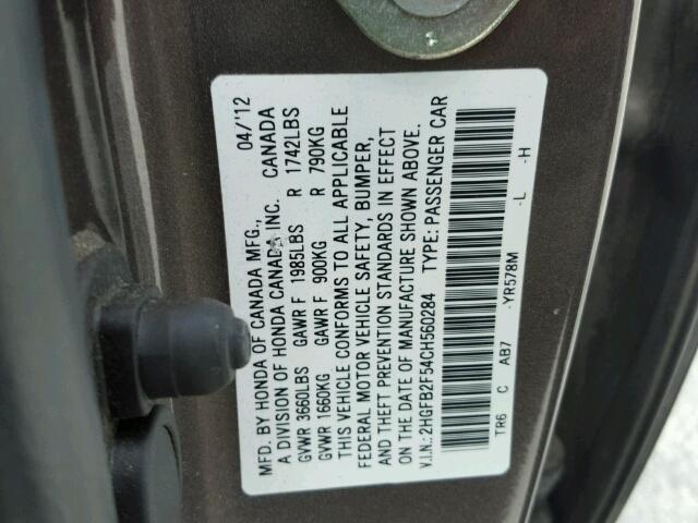 2HGFB2F54CH560284 - 2012 HONDA CIVIC LX GRAY photo 10