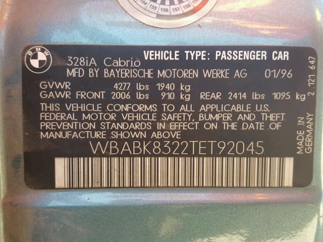 WBABK8322TET92045 - 1996 BMW 328 IC AUT BLUE photo 10