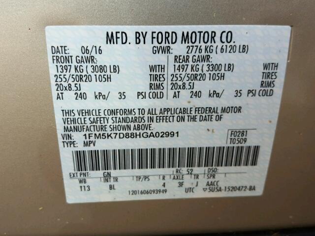 1FM5K7D88HGA02991 - 2017 FORD EXPLORER TAN photo 10