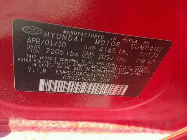 KMHDC8AE4AU081530 - 2010 HYUNDAI ELANTRA TO RED photo 10