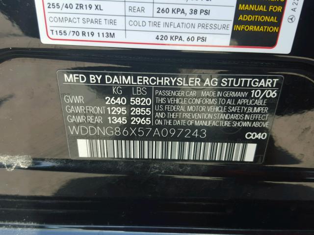 WDDNG86X57A097243 - 2007 MERCEDES-BENZ S 550 4MAT BLACK photo 10