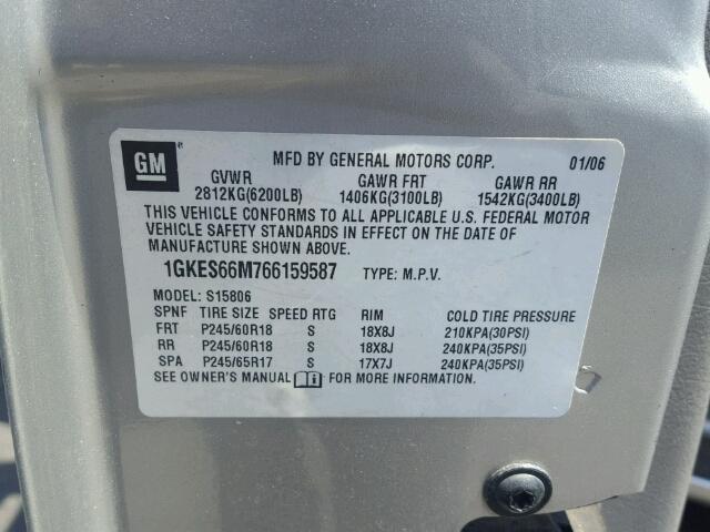 1GKES66M766159587 - 2006 GMC ENVOY DENA SILVER photo 10