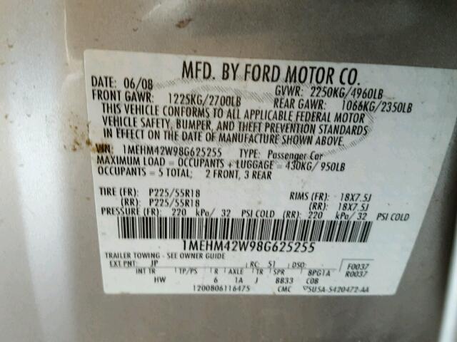 1MEHM42W98G625255 - 2008 MERCURY SABLE SILVER photo 10