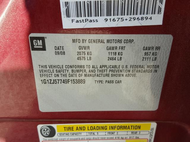 1G1ZJ57749F153889 - 2009 CHEVROLET MALIBU 2LT MAROON photo 10