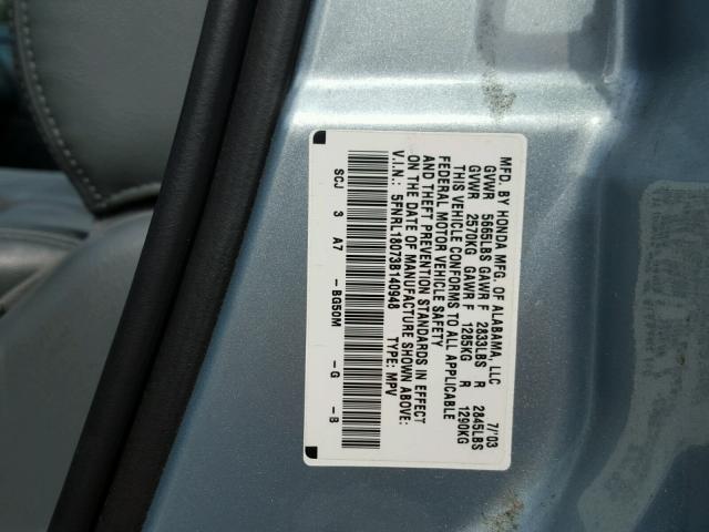 5FNRL18073B140948 - 2003 HONDA ODYSSEY EX BLUE photo 10