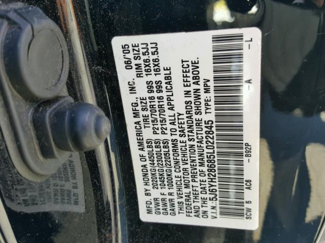 5J6YH28685L022845 - 2005 HONDA ELEMENT EX BLACK photo 10