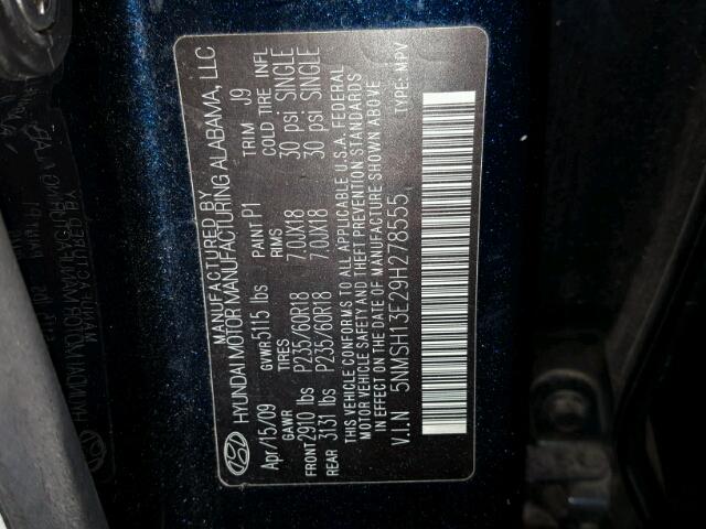 5NMSH13E29H278555 - 2009 HYUNDAI SANTA FE BLUE photo 10