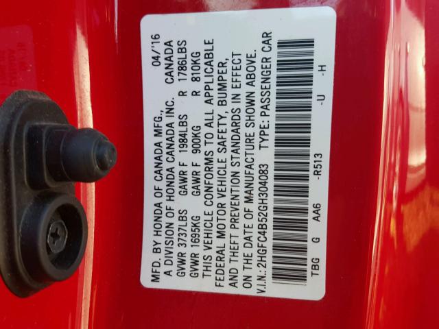 2HGFC4B52GH304083 - 2016 HONDA CIVIC RED photo 1