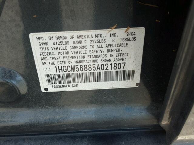 1HGCM56885A021807 - 2005 HONDA ACCORD GRAY photo 10