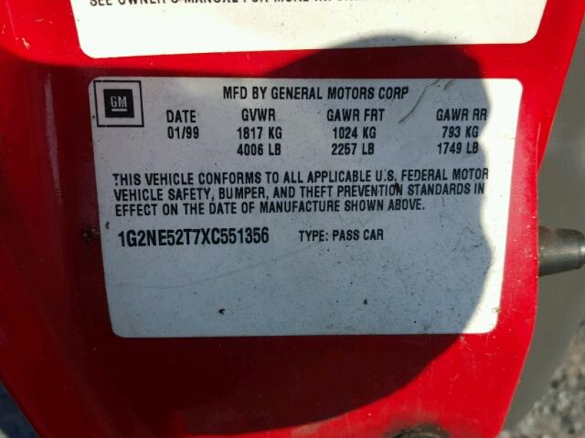 1G2NE52T7XC551356 - 1999 PONTIAC GRAND AM S Qırmızı foto 10