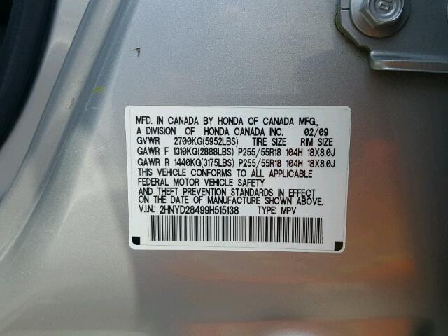 2HNYD28499H515138 - 2009 ACURA MDX TECHNO SILVER photo 10